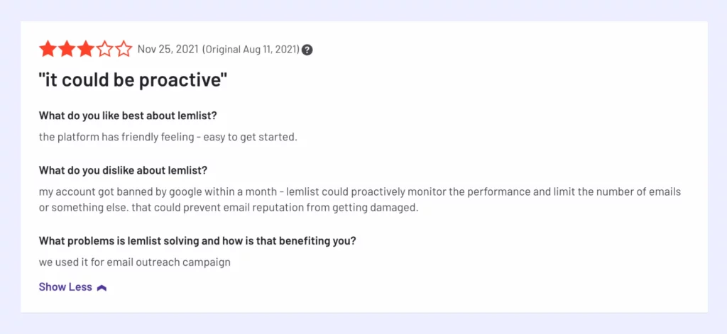 Customer review about Lemlist's user friendly feature
