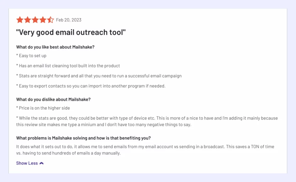 Customer review about Mailshake's email outreach