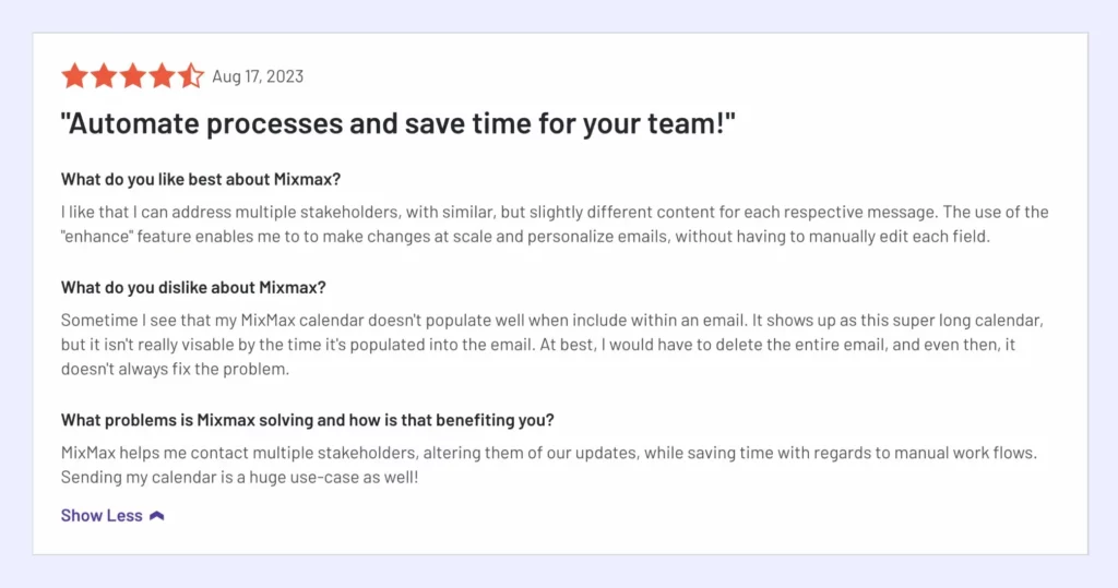 customer review about automate processes of Mixmax