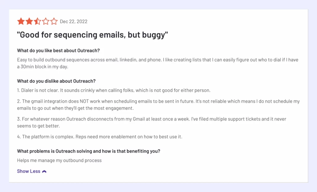 customer review about Outreach's outbound sequence