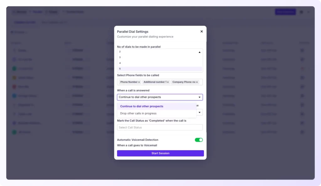 parallel dialer settings for multiple live calls with collision management