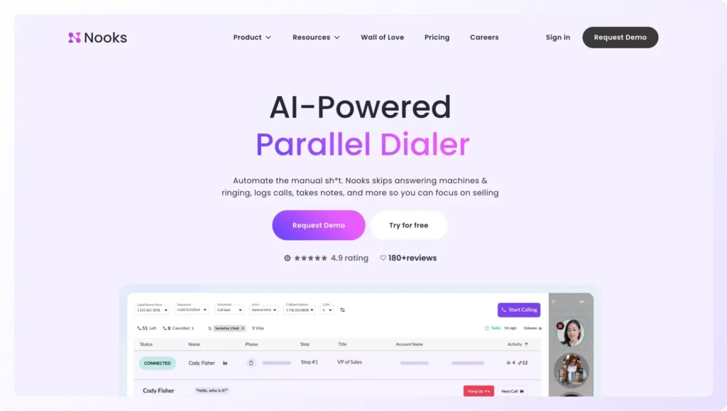 AI powered sales dialer Nooks - home page