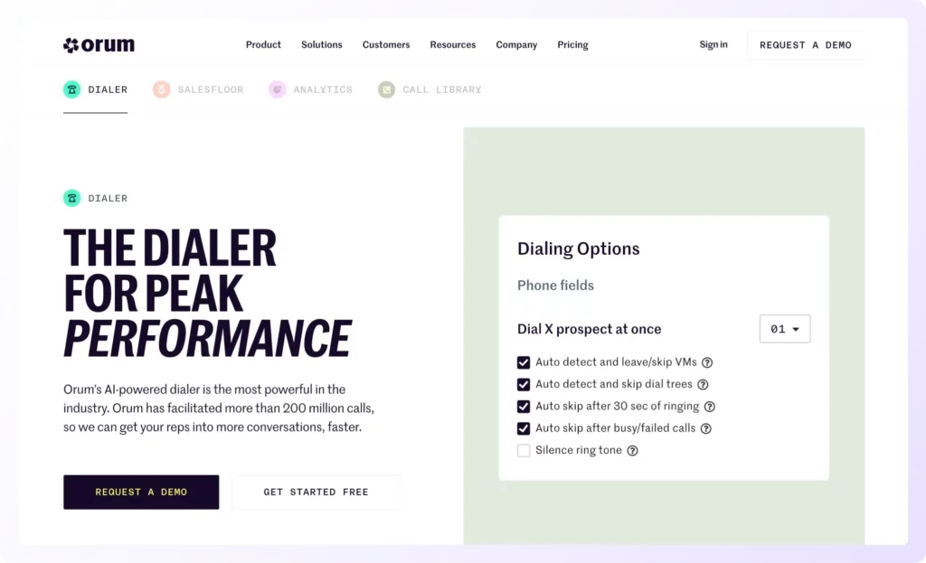 Orum cold calling software landing page