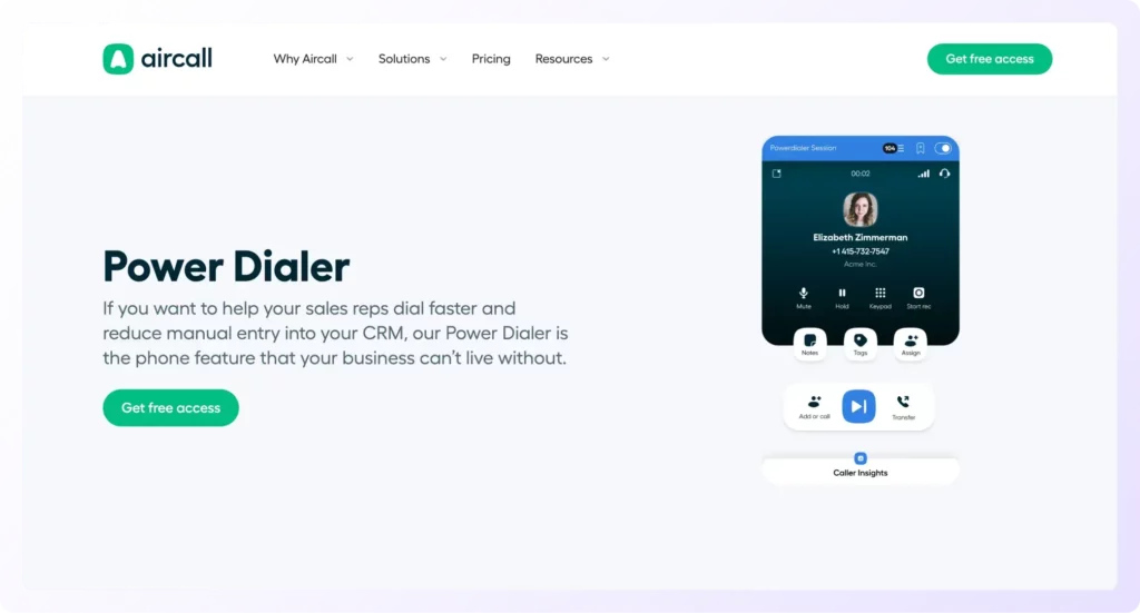 Aircall dialer landing page